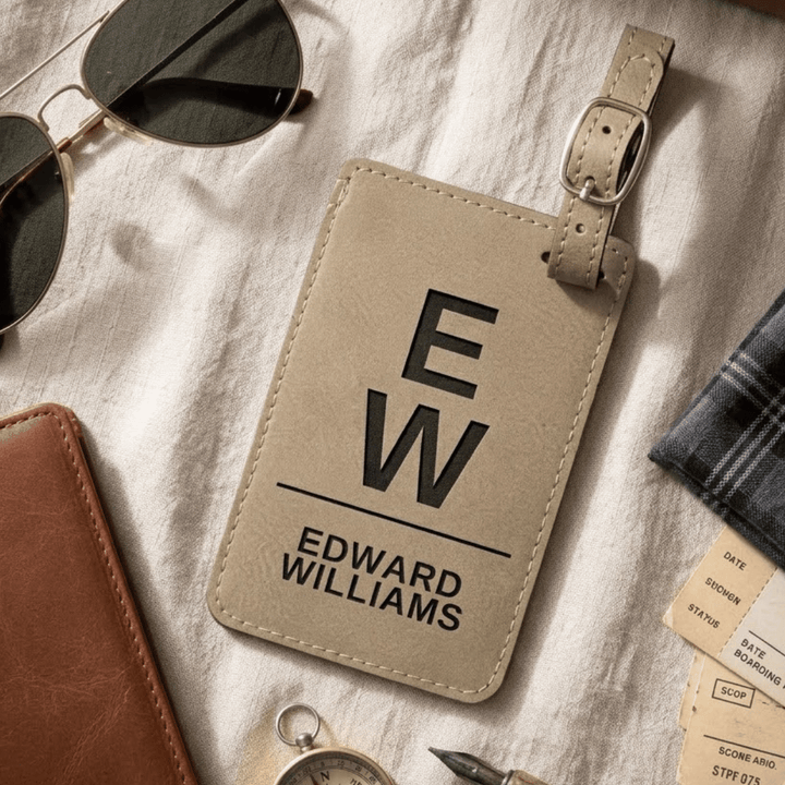 Light brown leather luggage tag with 'EW' initials and 'EDWARD WILLIAMS'  black engraved text, placed on a textured surface with sunglasses and a wallet.