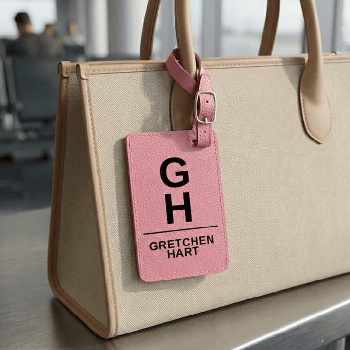 Beige handbag with a pink luggage tag featuring 'Gretchen Hart' monogram engraved in black, sitting in an airport setting.