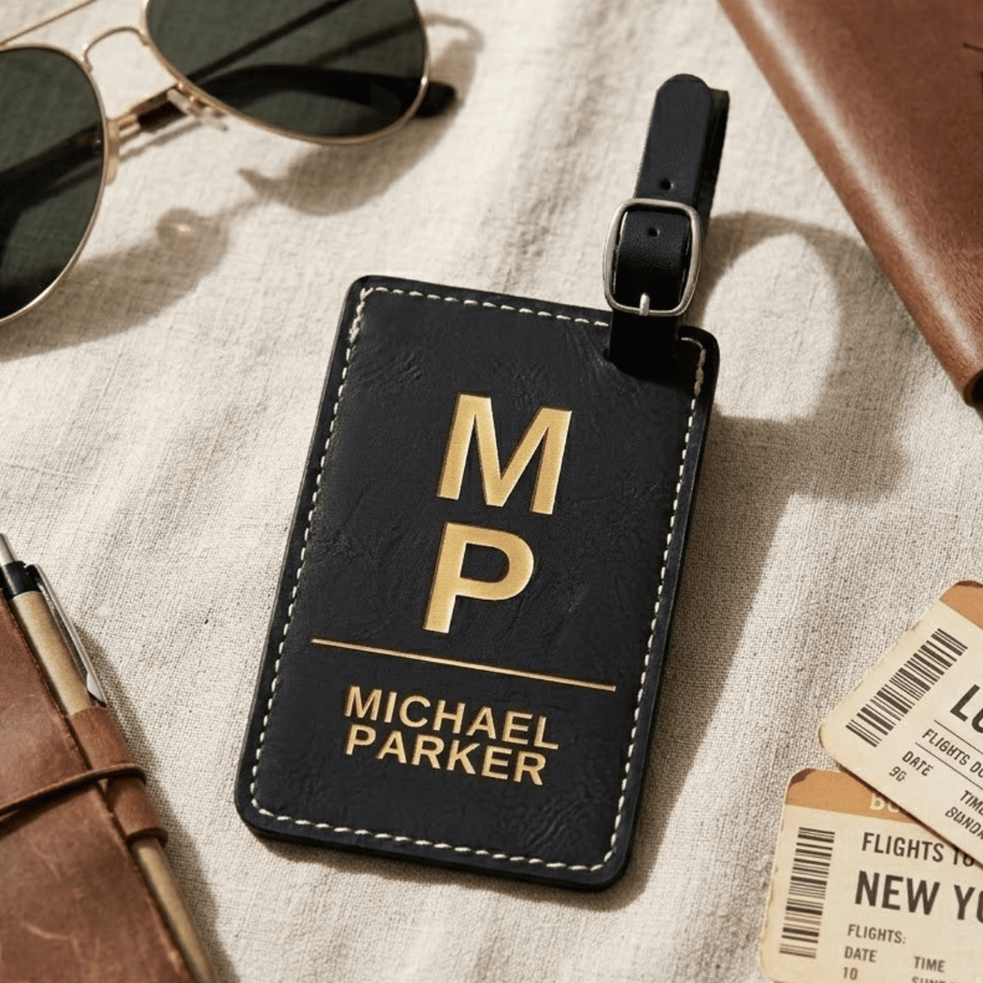 Black leather luggage tag with gold engraved lettering on a textured surface with sunglasses and a notebook.