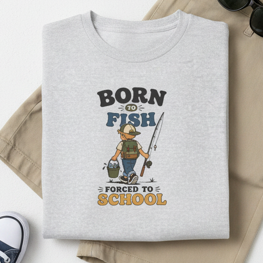 A folded light heather ash gray t-shirt with a cartoon graphic of a boy fishing, reading &