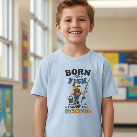 A smiling young boy wearing a light blue graphic t-shirt with a cartoon fisherman and the text 'BORN TO FISH FORCED TO SCHOOL'. The background shows a brightly lit, blurred school classroom.