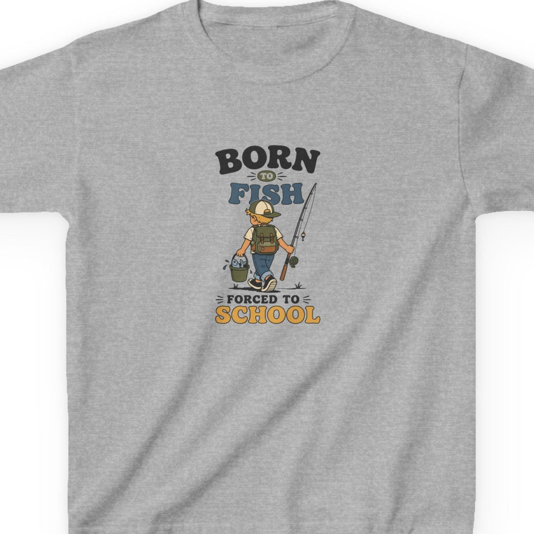 A heather gray short-sleeve t-shirt with a cartoon graphic of a fisherman and the text &