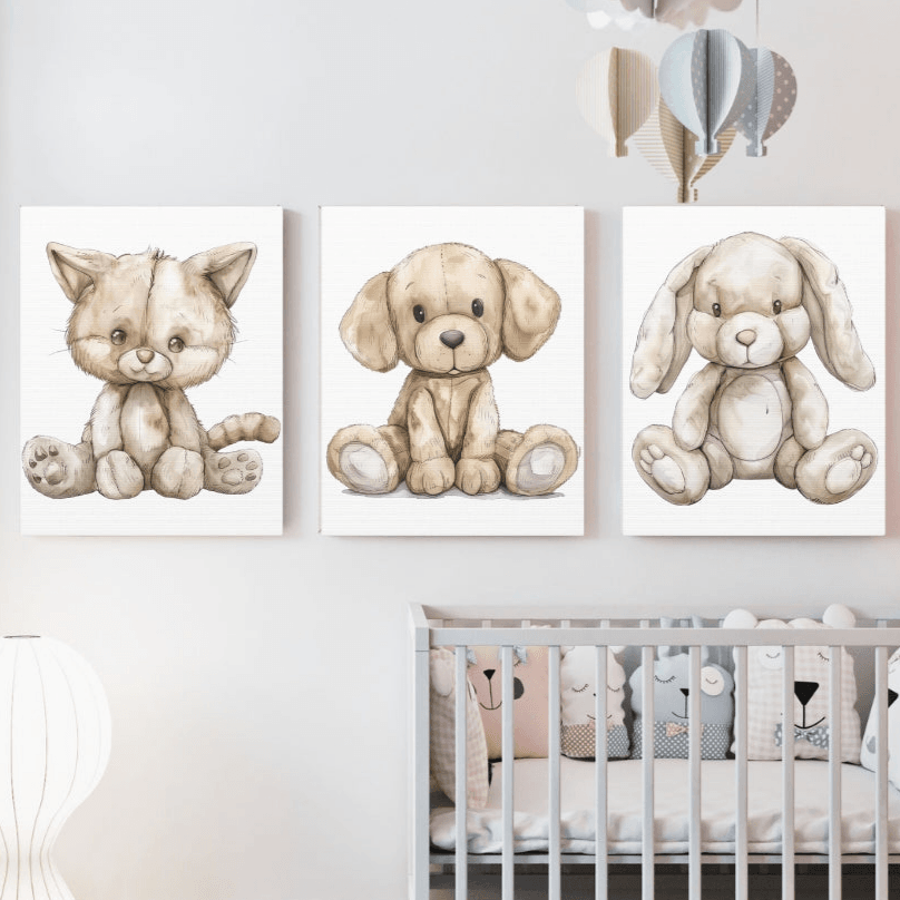 Nursery room with set of 3 canvas prints of a cat, dog, and rabbit above a crib that looked like stuffed animals.