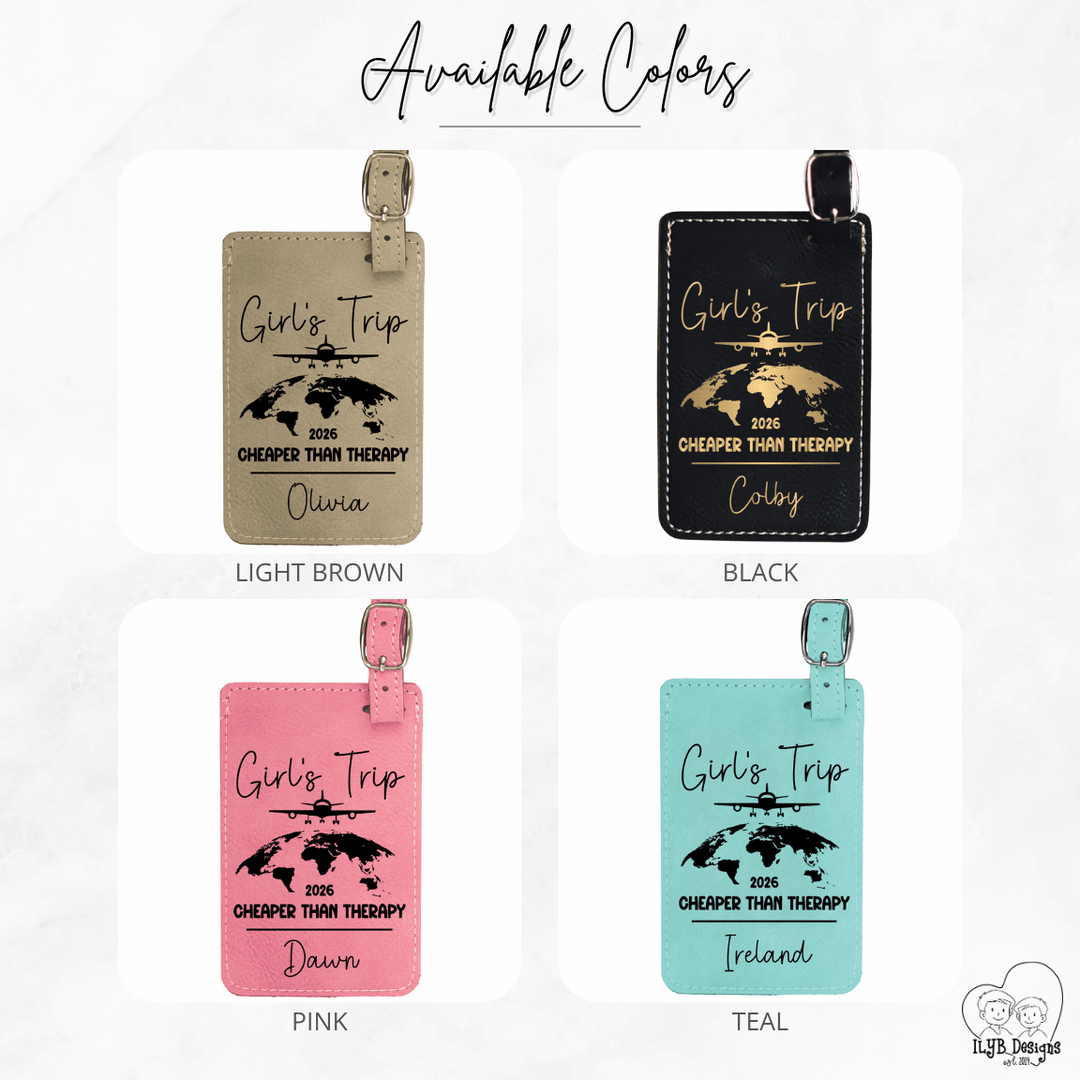 Four customizable luggage tags with 'Girl's Trip' design in different colors on a white background.