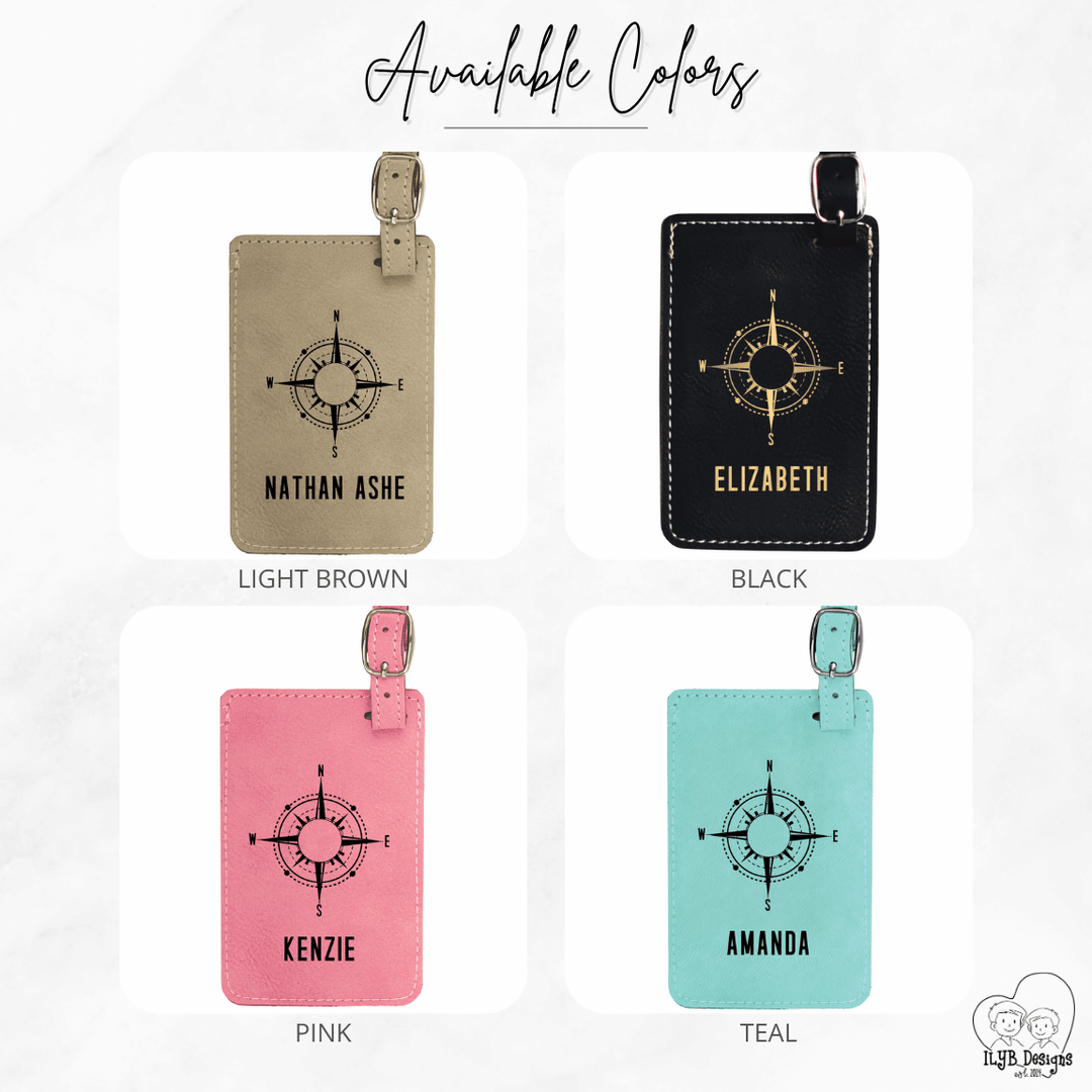 Four luggage tags in different colors with compass designs and names on a white background.