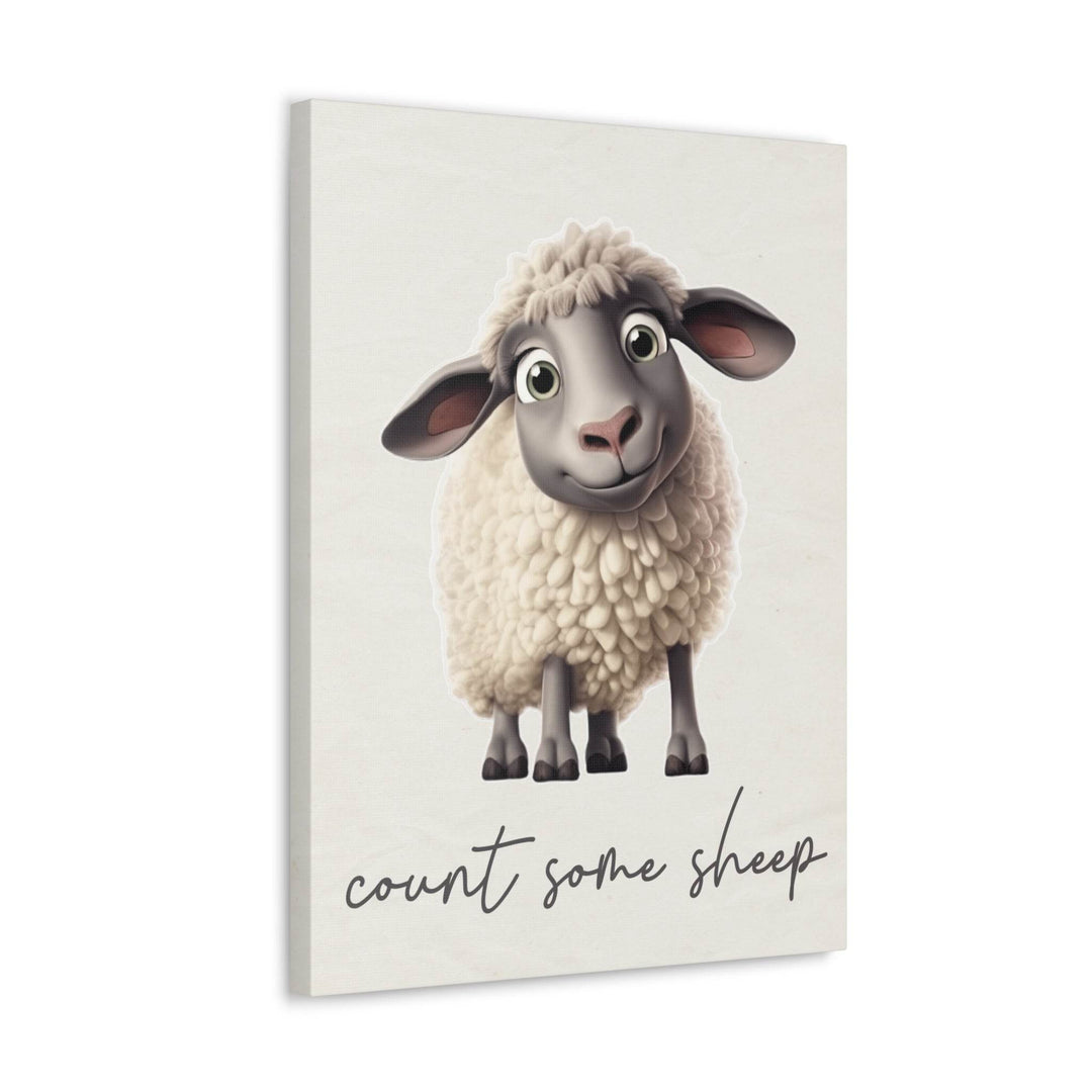 Neutral baby room canvas print with a cartoon sheep and text 'count some sheep' on a white background