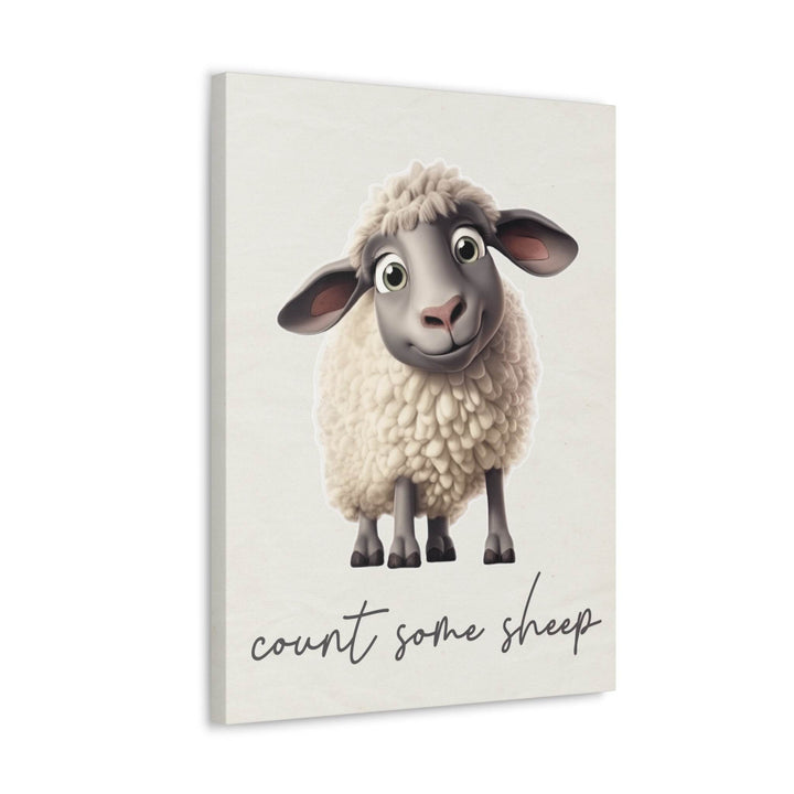 Neutral baby room canvas print with a cartoon sheep and text 'count some sheep' on a white background