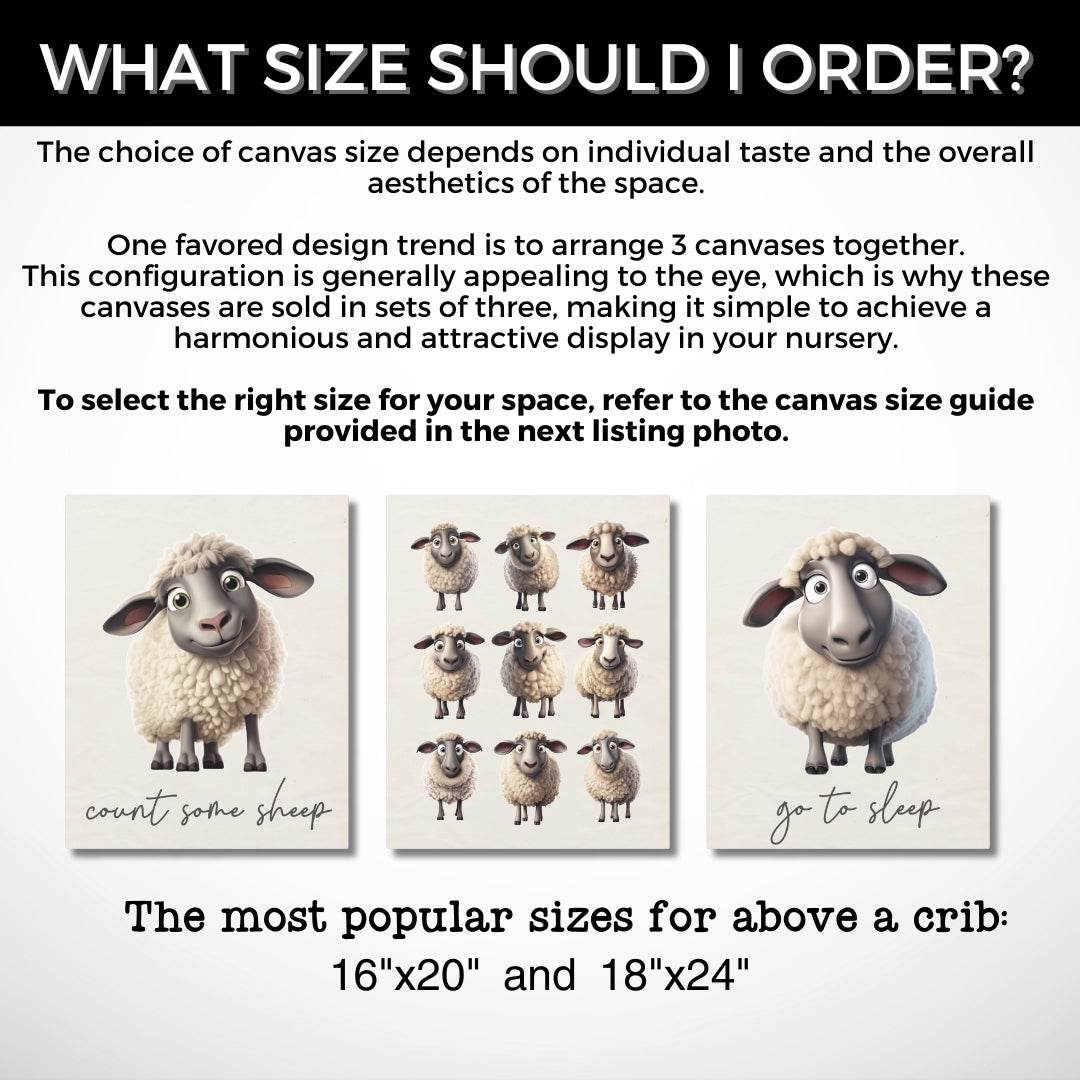 Graphic: What size should I order? A design trend is arrange 3 canvases together. Most popular sizes for above crib are 16x20 and 18x24. Counting sheep set of 3 canvases.