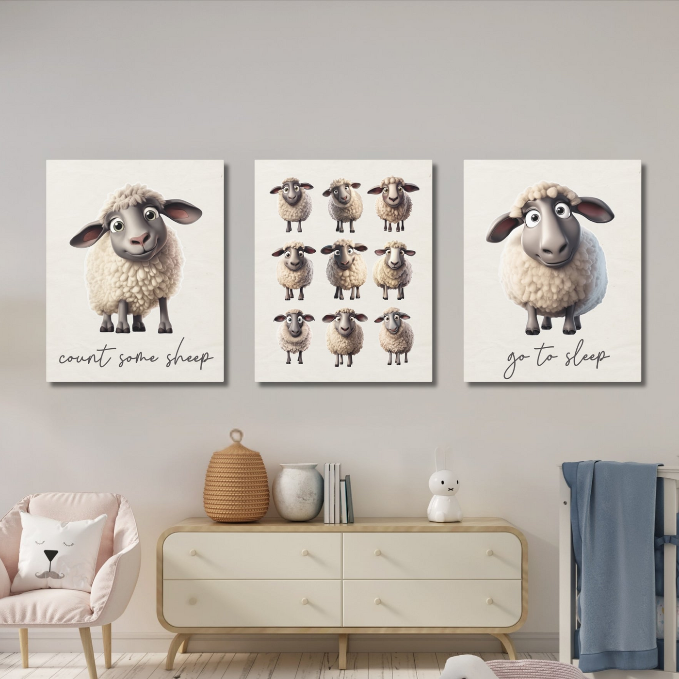 Counting Sheep Nursery Wall Art | Set of 3 Canvas Gallery Wraps