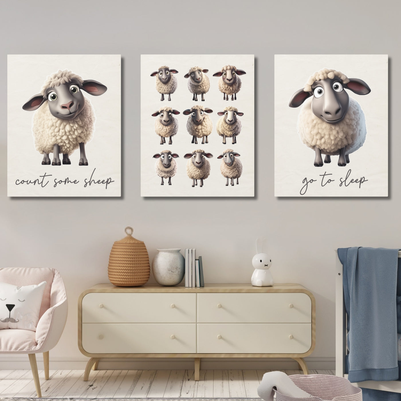 Counting Sheep Nursery Wall Art | Set of 3 Canvas Gallery Wraps