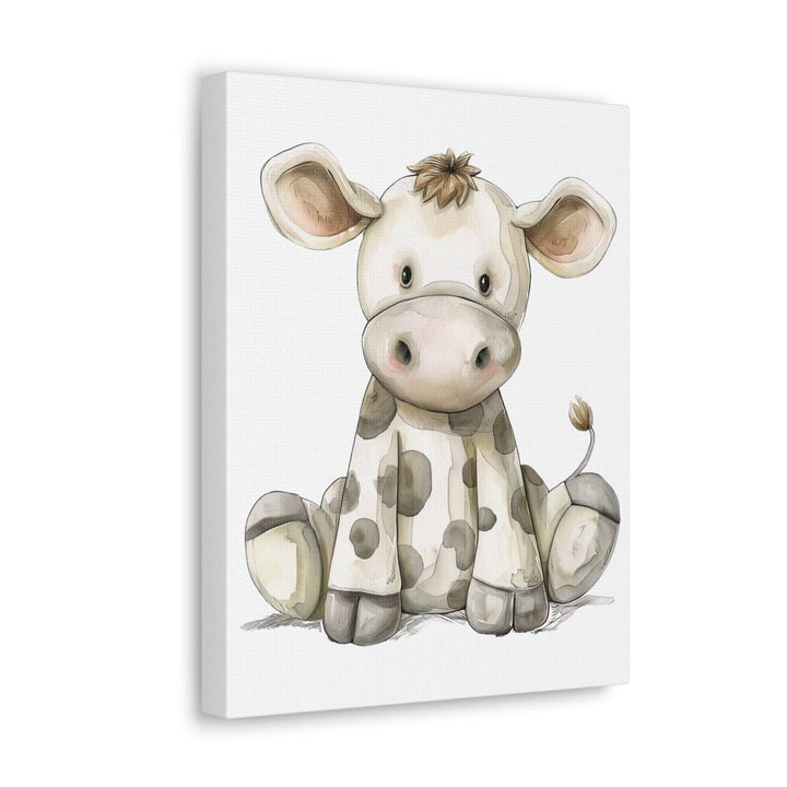 Canvas print of a watercolor cartoon cow in light neutral colors on a white background