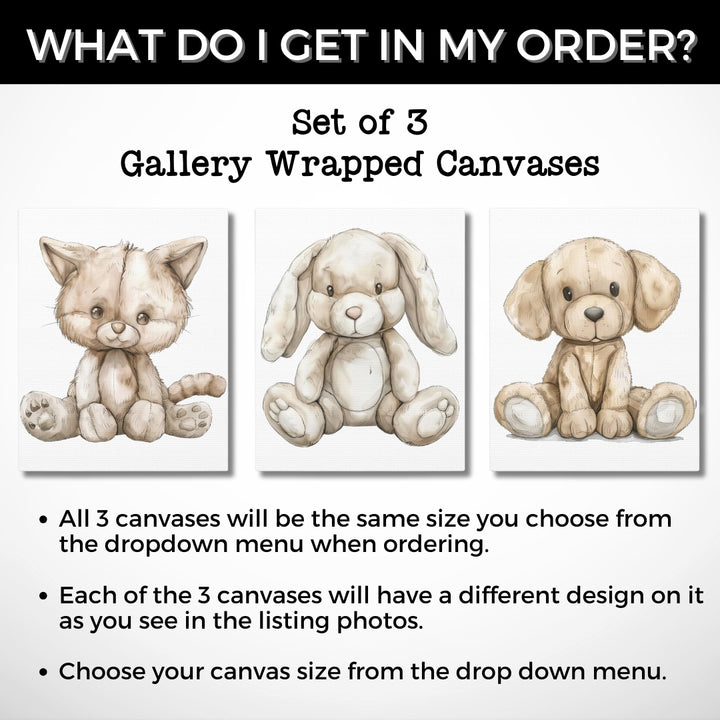 Cute Animals Nursery Wall Art | Set of 3 Canvas Gallery Wraps