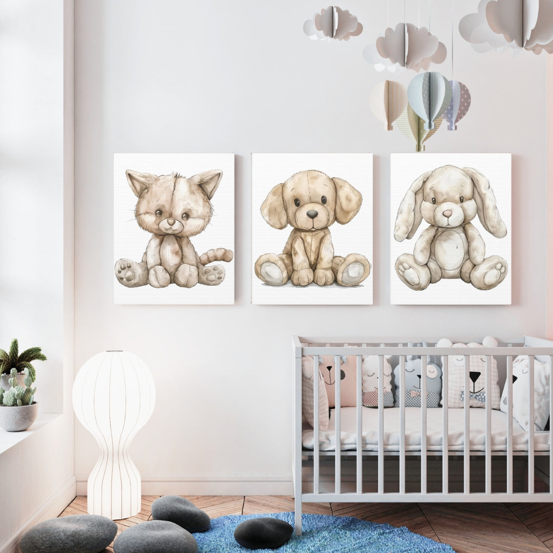 Cute Animals Nursery Wall Art | Set of 3 Canvas Gallery Wraps