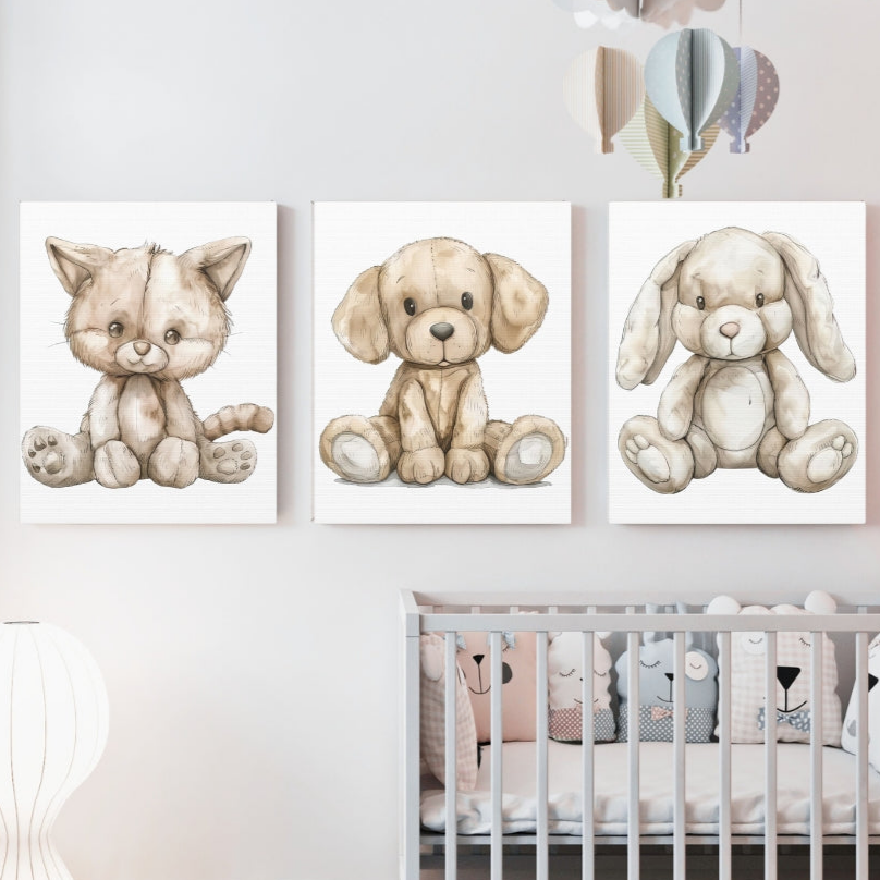 Cute Animals Nursery Wall Art | Set of 3 Canvas Gallery Wraps