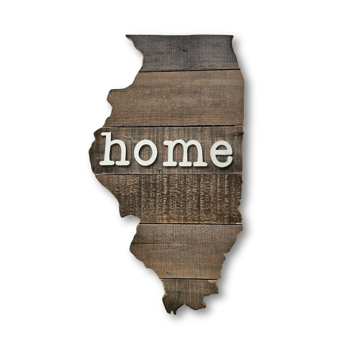 Pallet wood cutout of the state of Illinois with 3D 'home' text on a white background