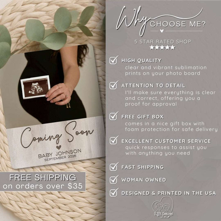 coming soon baby name announcement photo keepsake gift with text stating why choose this shop: 5 star rated shop, high quality, attention to detail, free gift box, excellent customer service, fast shipping, woman owned, designed and printed in the USA and free shipping on orders over $35