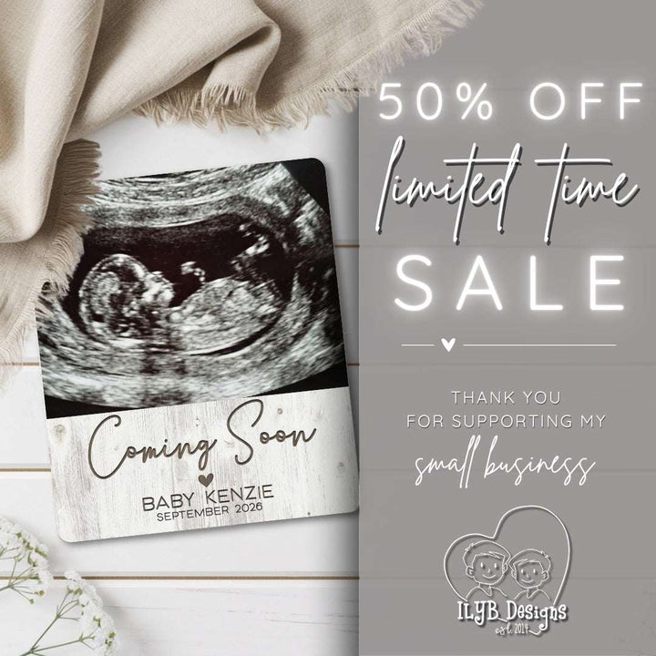 Ultrasound image with 'Coming Soon' text and sale promotion on a wooden surface.
