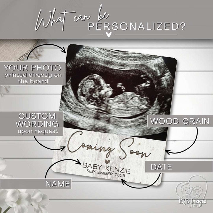 coming soon baby name announcement photo keepsake with text showing what can be personalized: your photo printed directly on the board, custom wording upon request, wood grain, name, and date are all personalizable