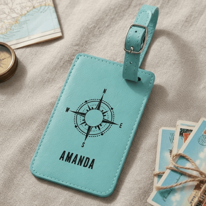 Personalized Compass Luggage Tag | Laser Engraved Leatherette Travel Gift for Him or Her