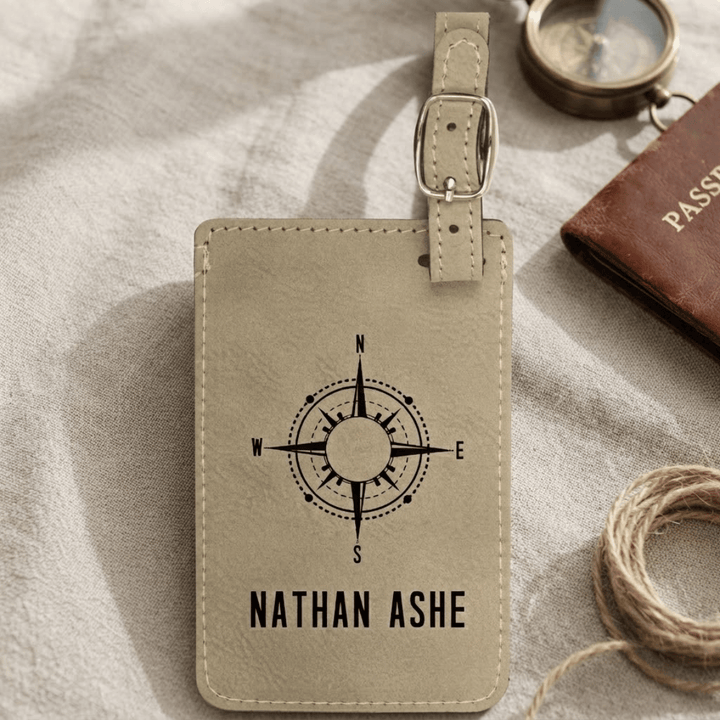 Personalized Compass Luggage Tag | Laser Engraved Leatherette Travel Gift for Him or Her