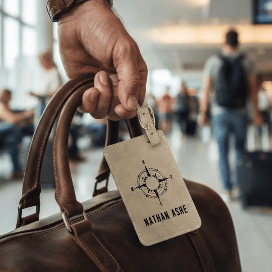 Personalized Compass Luggage Tag | Laser Engraved Leatherette Travel Gift for Him or Her