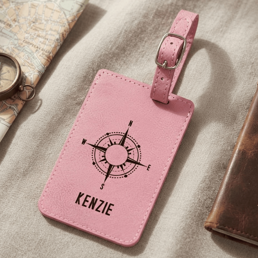 Personalized Compass Luggage Tag | Laser Engraved Leatherette Travel Gift for Him or Her