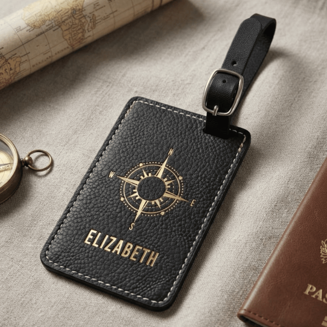 Personalized Compass Luggage Tag | Laser Engraved Leatherette Travel Gift for Him or Her