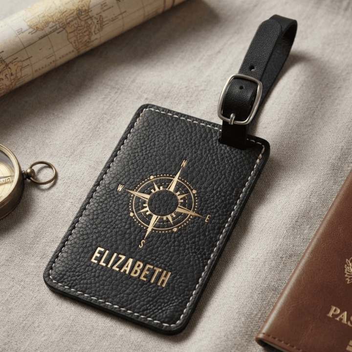 Personalized Compass Luggage Tag | Laser Engraved Leatherette Travel Gift for Him or Her