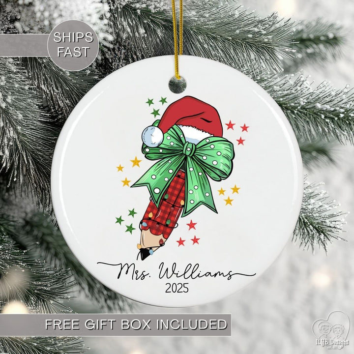 Personalized Teacher Ornament with Coquette Bow and Pencil | Teacher Keepsake Ornament