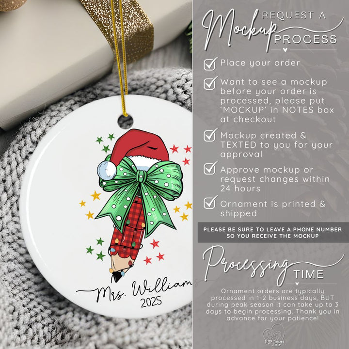 Personalized Teacher Ornament with Coquette Bow and Pencil | Teacher Keepsake Ornament
