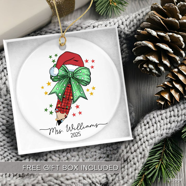 Personalized Teacher Ornament with Coquette Bow and Pencil | Teacher Keepsake Ornament