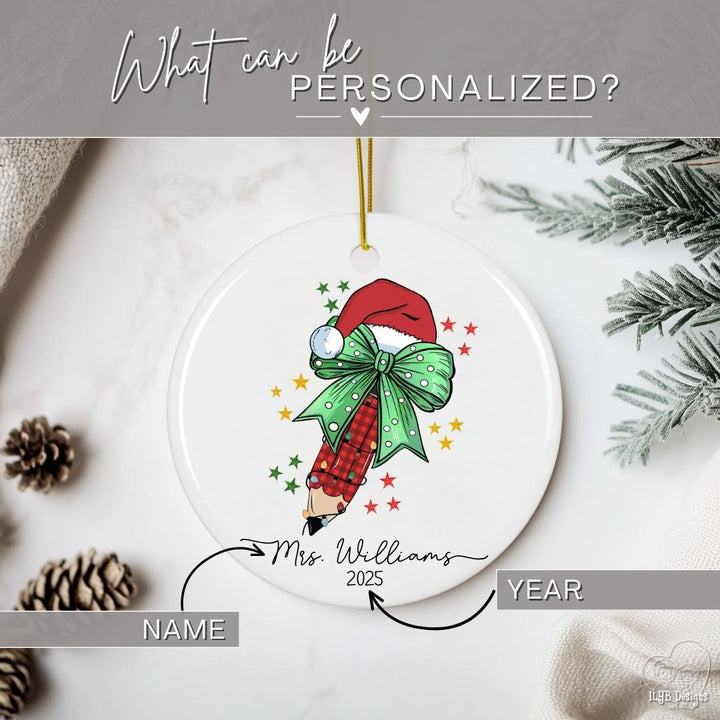 Personalized Teacher Ornament with Coquette Bow and Pencil | Teacher Keepsake Ornament