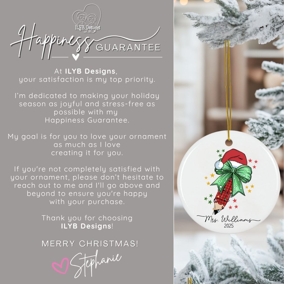 Personalized Teacher Ornament with Coquette Bow and Pencil | Teacher Keepsake Ornament