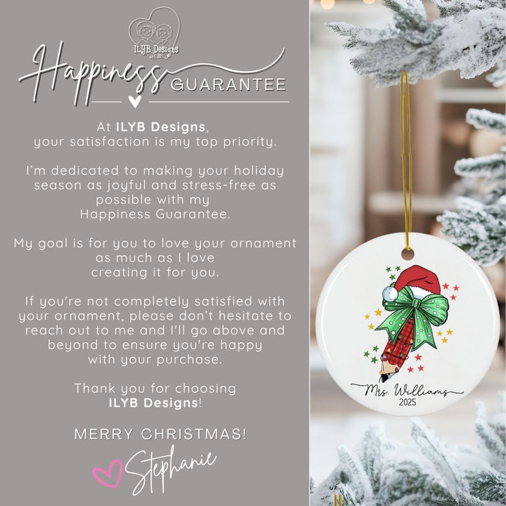 Personalized Teacher Ornament with Coquette Bow and Pencil | Teacher Keepsake Ornament