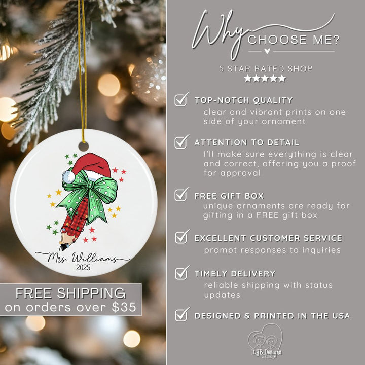 Personalized Teacher Ornament with Coquette Bow and Pencil | Teacher Keepsake Ornament
