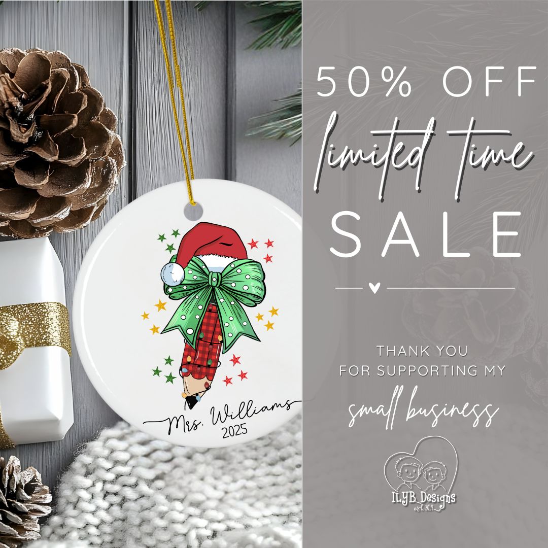 Personalized Teacher Ornament with Coquette Bow and Pencil | Teacher Keepsake Ornament