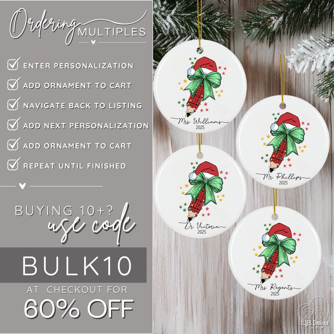 Personalized Teacher Ornament with Coquette Bow and Pencil | Teacher Keepsake Ornament