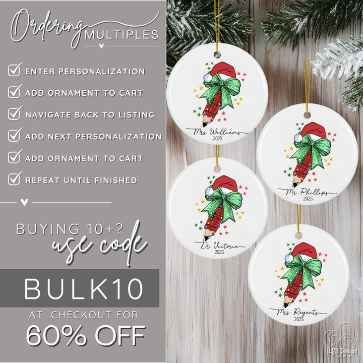 Personalized Teacher Ornament with Coquette Bow and Pencil | Teacher Keepsake Ornament