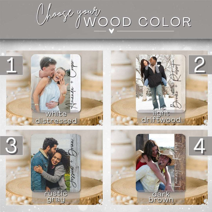 Wooden photo frames with different color options for customization.