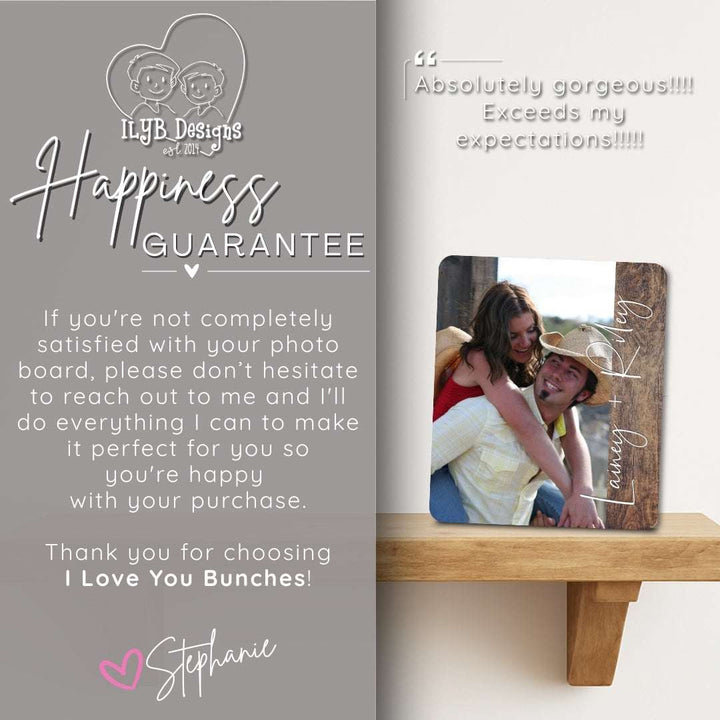 Wooden photo board with a couple on it, placed on a wooden surface with promotional text on a gray background.