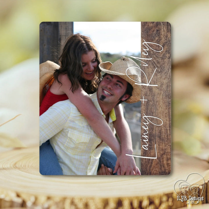 Personalized photo plaque with a couple on a wooden background