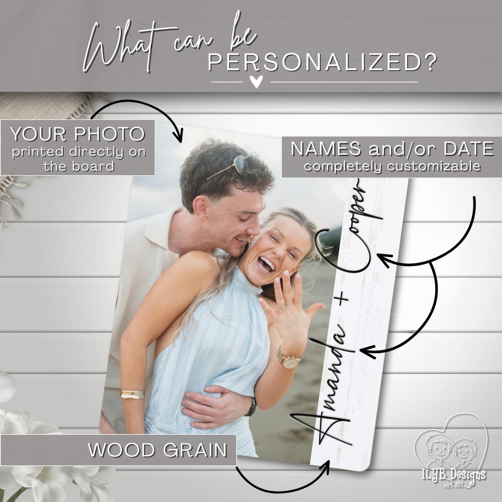 Personalized photo board with a couple's photo and names printed on it, set against a wood grain background.