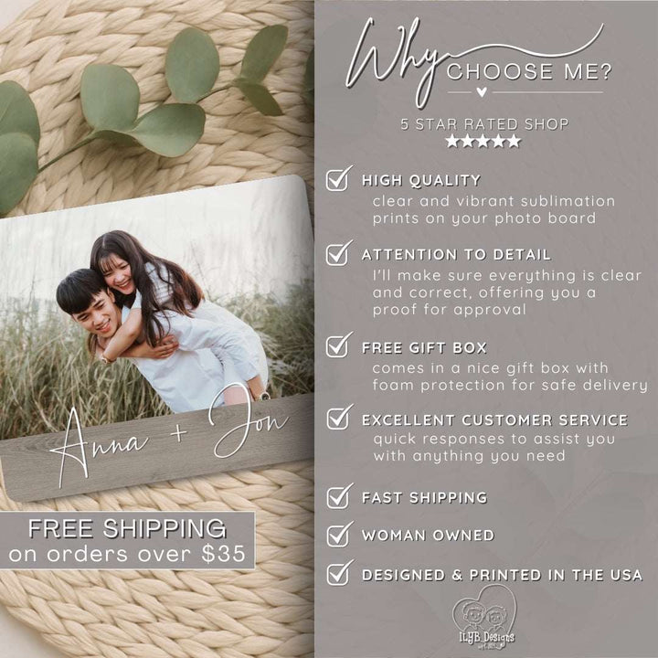 Advertisement for a photo board with a couple and text about product features and services.