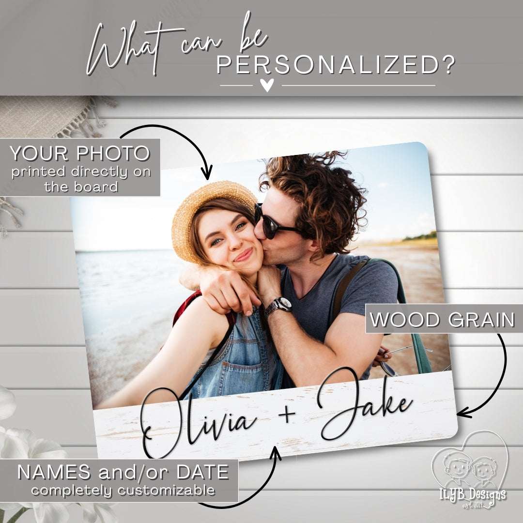 Personalized photo board with a couple's photo and customizable text on a wooden surface.