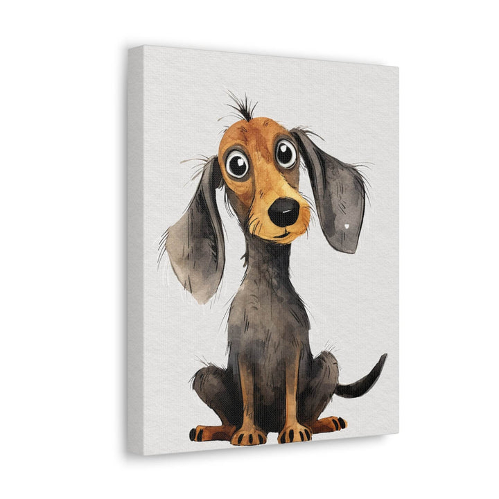 Canvas print of a cartoon watercolor dachshund with a surprised expression on a light gray background