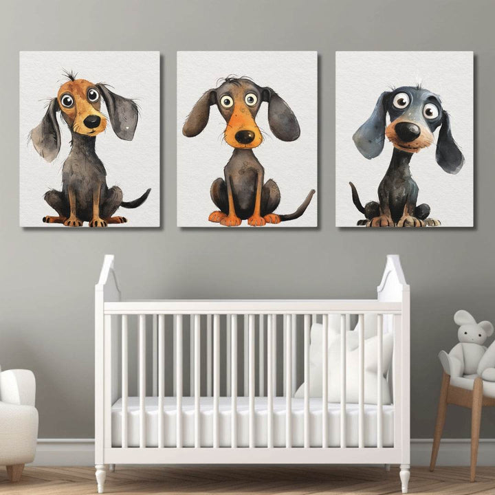 Three canvas prints of cartoon dachshunds on a wall above a white crib in a nursery.