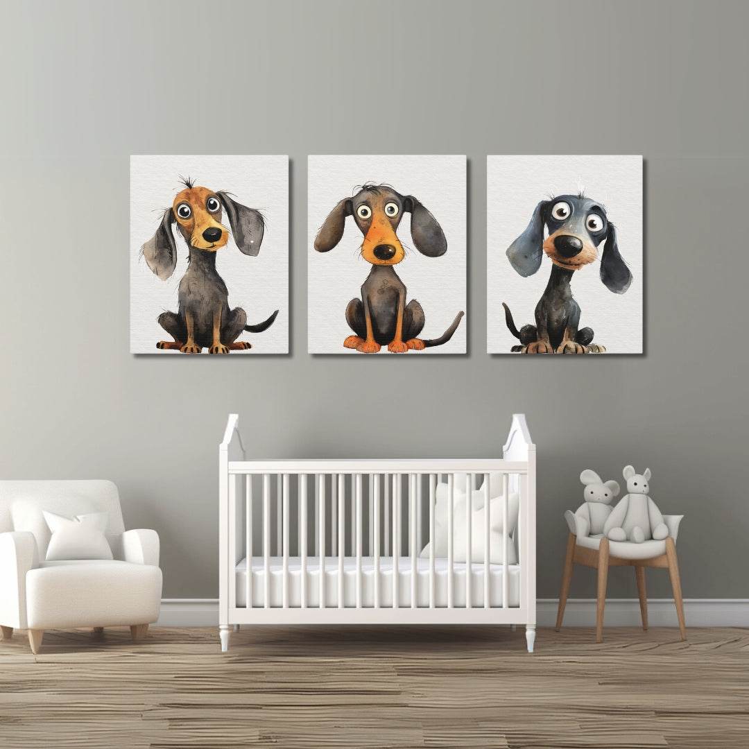 Three cartoon canvas dog prints above a crib in a nursery with a gray wall.