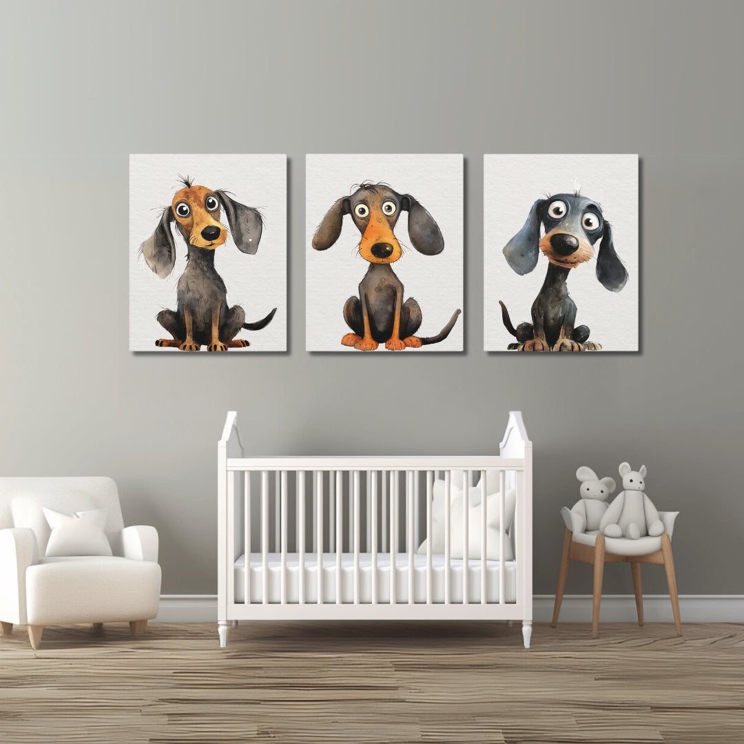 Cute Dachshund Dogs Nursery Wall Art | Set of 3 Canvas Gallery Wraps