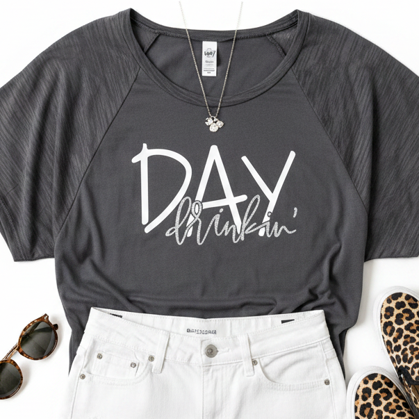 A dark gray raglan t-shirt with &