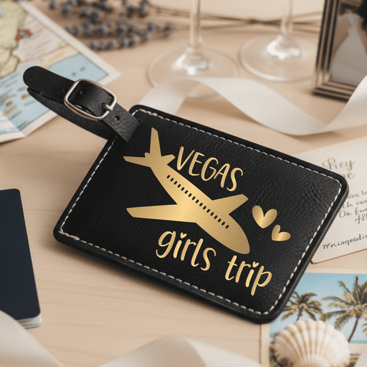 Black luggage tag with gold text and airplane design on a travel-themed background